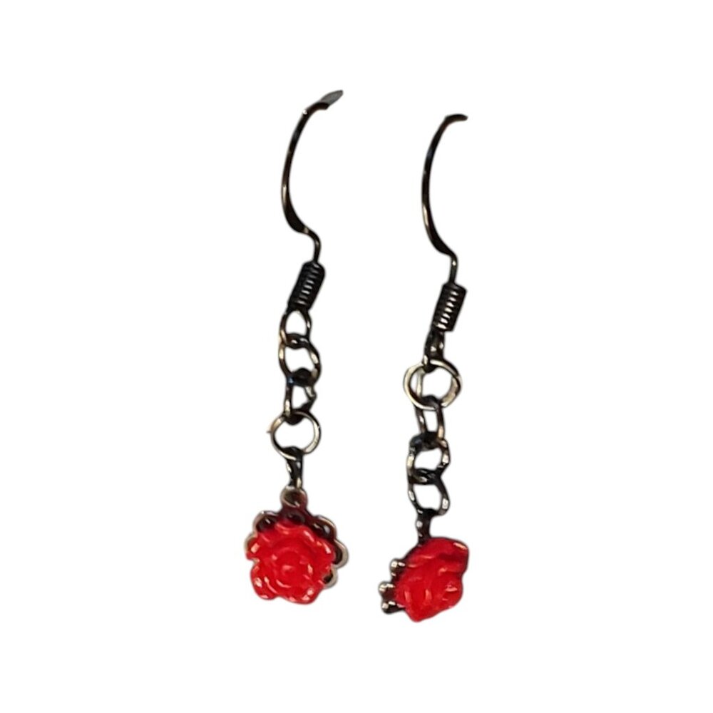 NEW Handmade/Homemade Red Rose with Black Metal Drop Hanging Earrings Long